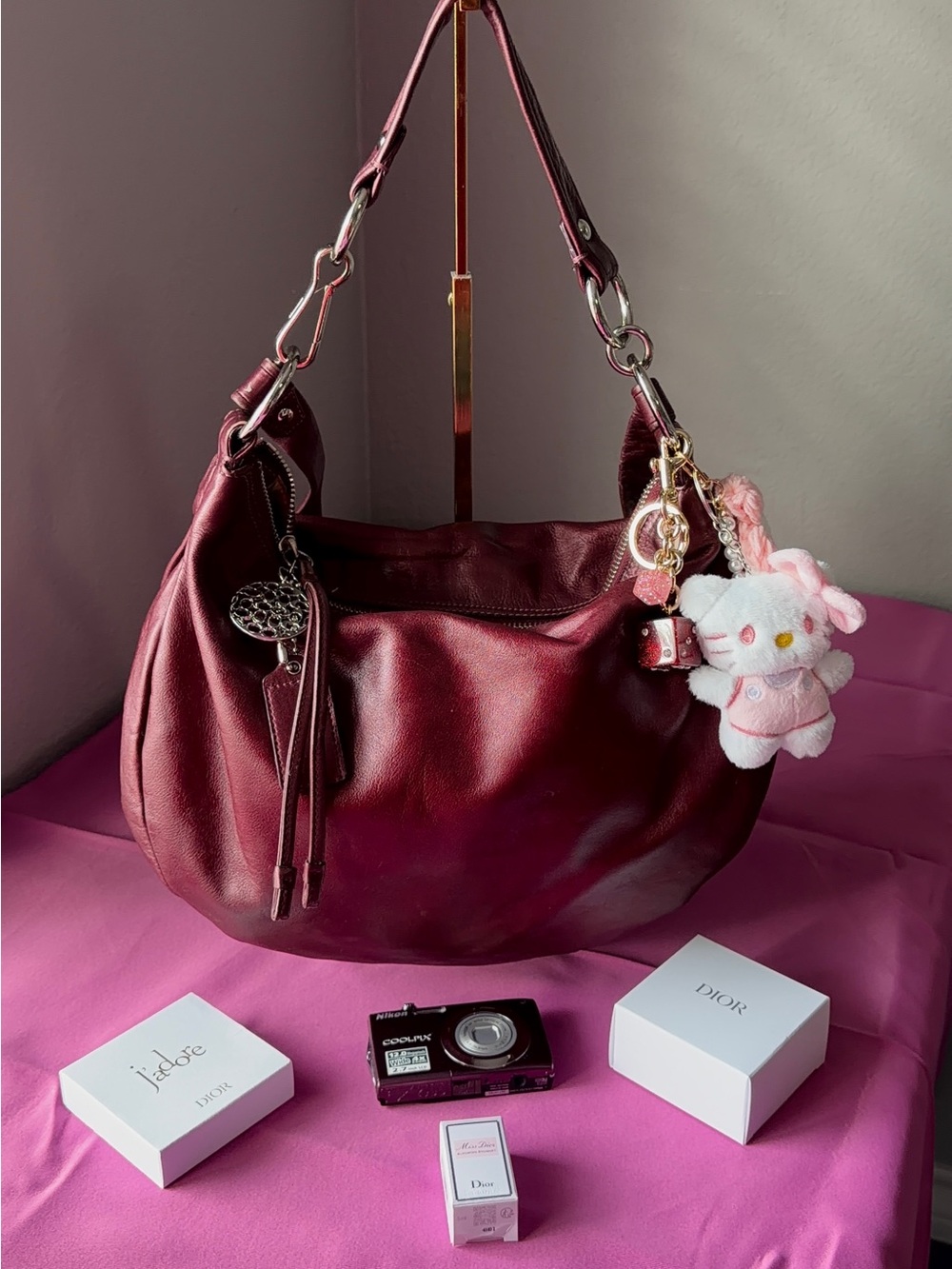 Coach Burgundy Leather Shoulder Hobo Bag with Charm